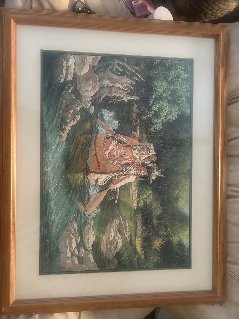 Rustic Canoe Scene Art Print in Brown and Green Frame